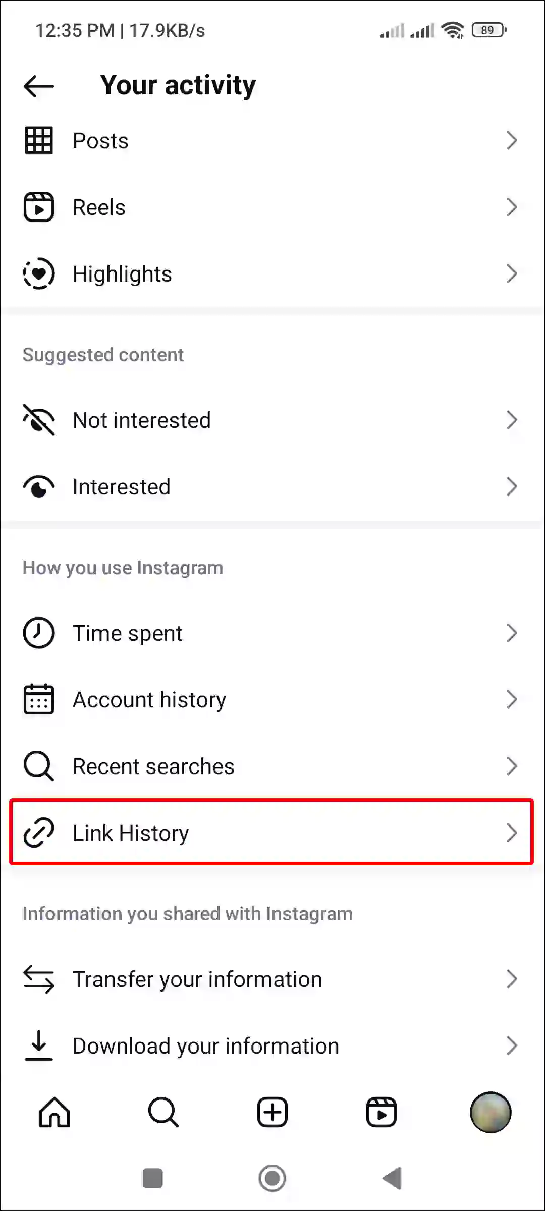 instagram link history settings