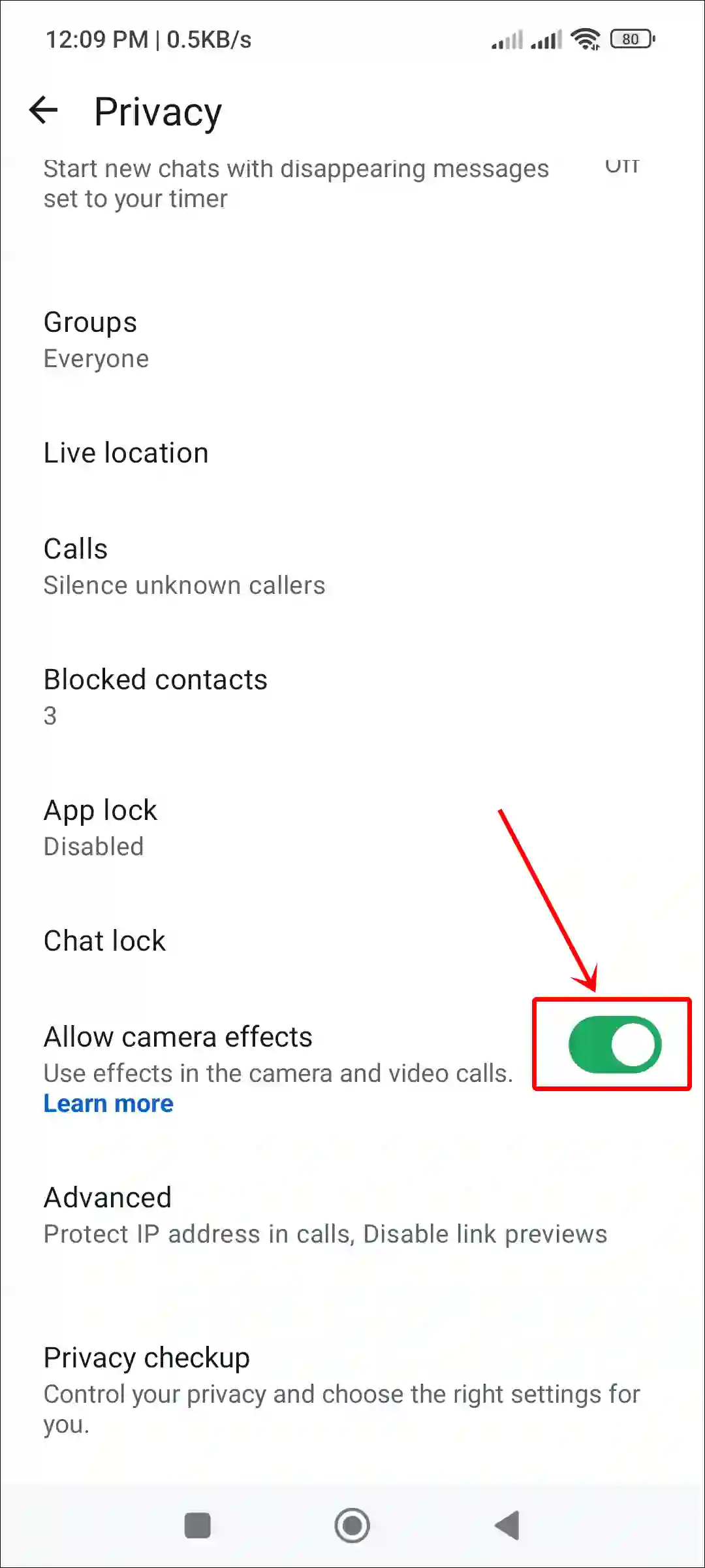turn on camera effects whatsapp video calls