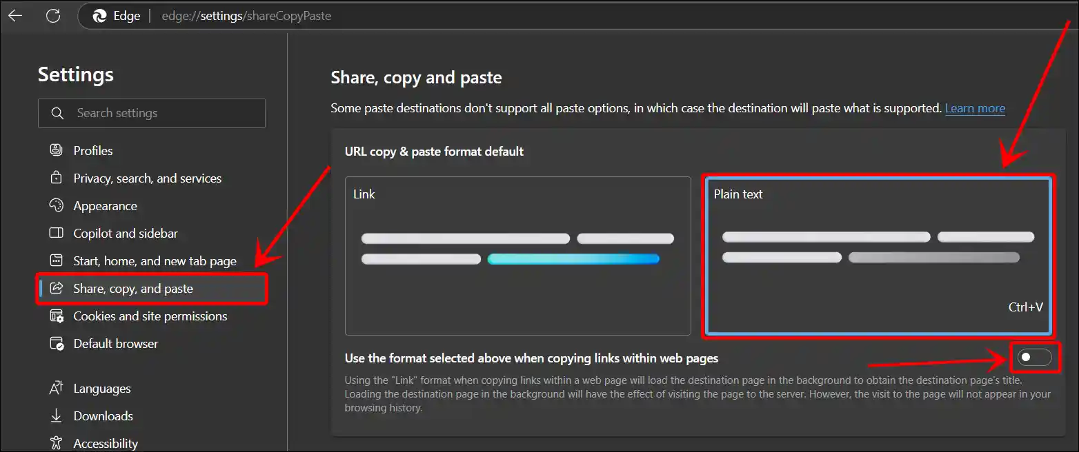 edge share copy and paste settings