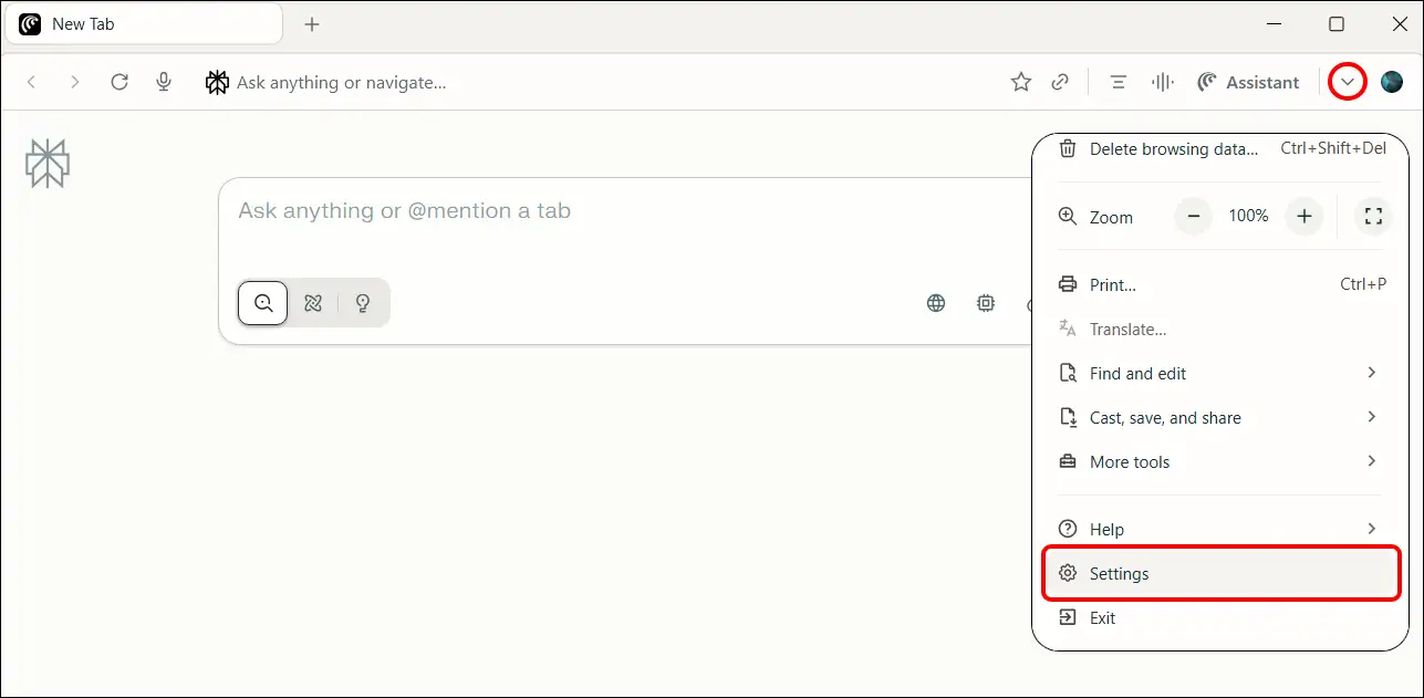 comet browser settings
