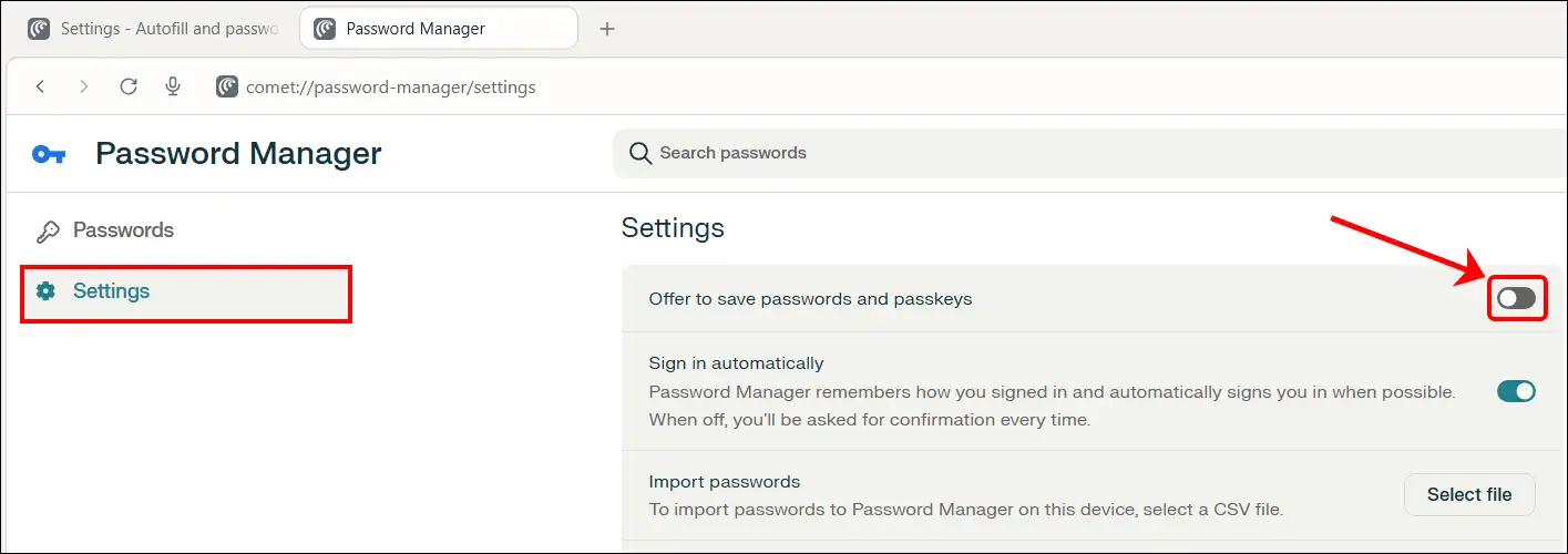 Turn off the Comet's built-in password manager from prompting to save passwords