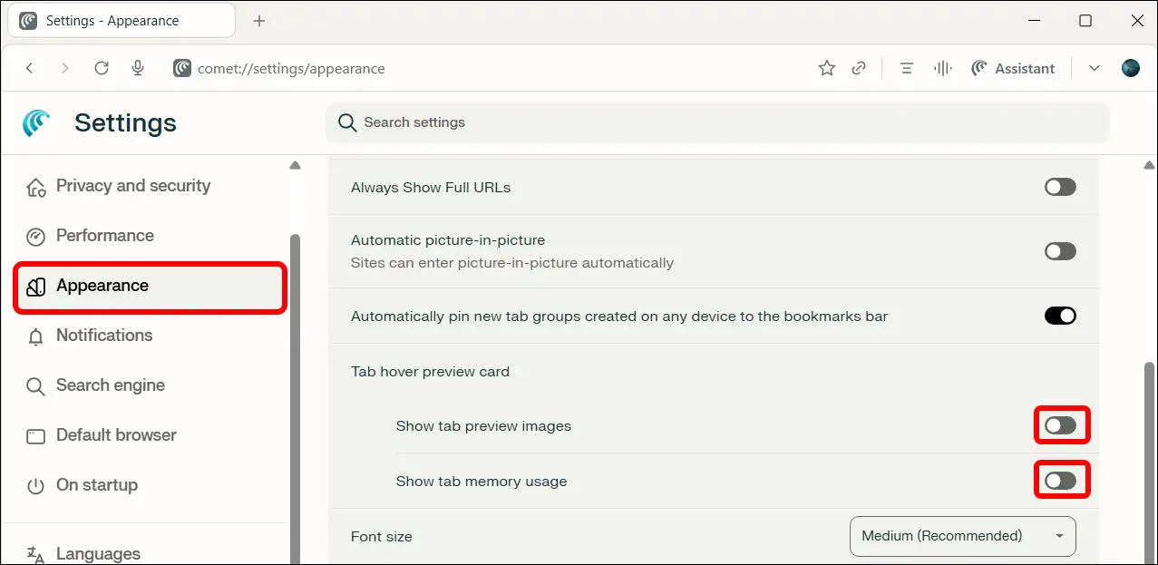 Disable tab preview images and tab memory usage in the Comet browser