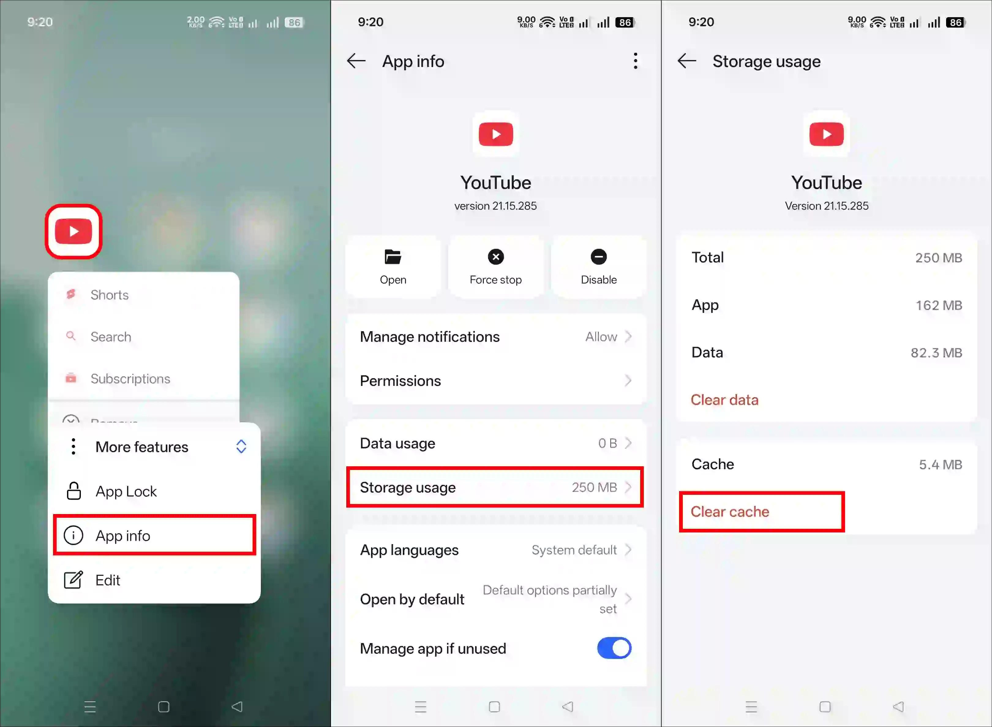 clear youtube app cache android