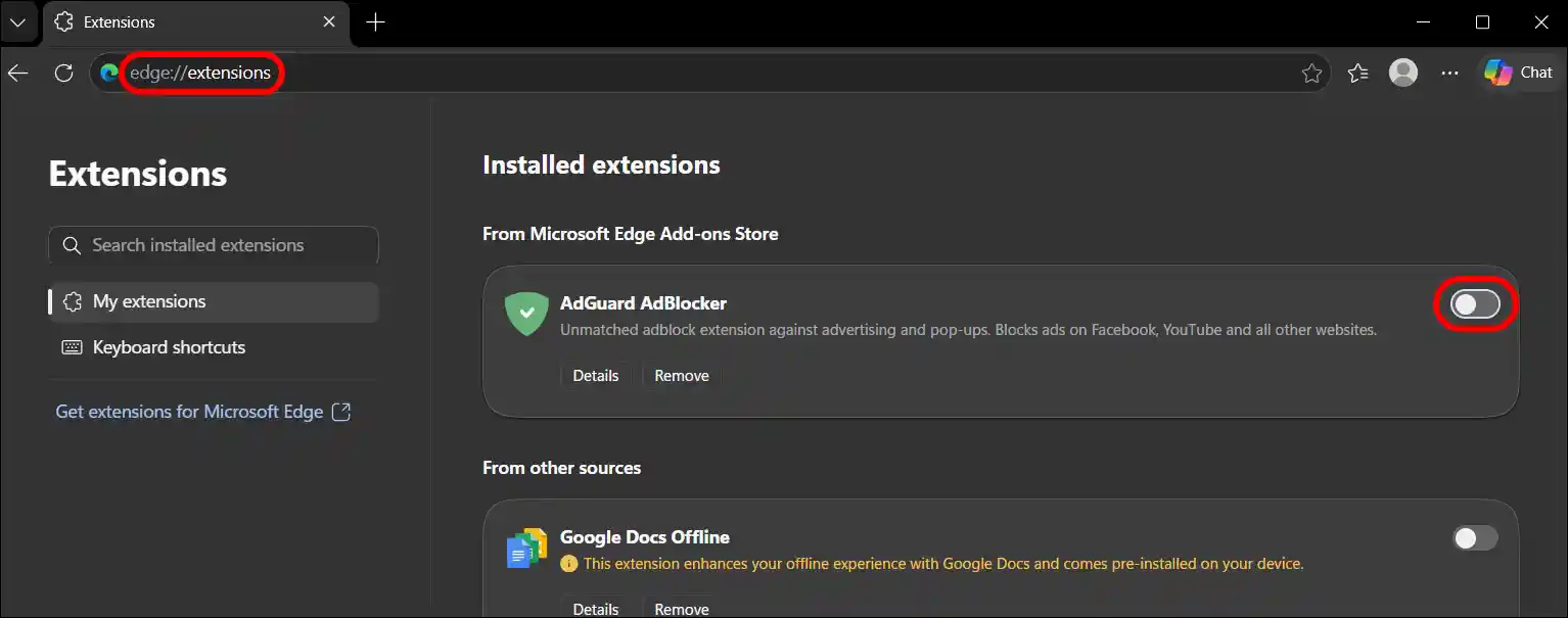 disable ad blocker in edge