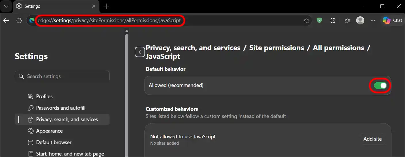 enable javascript in edge browser