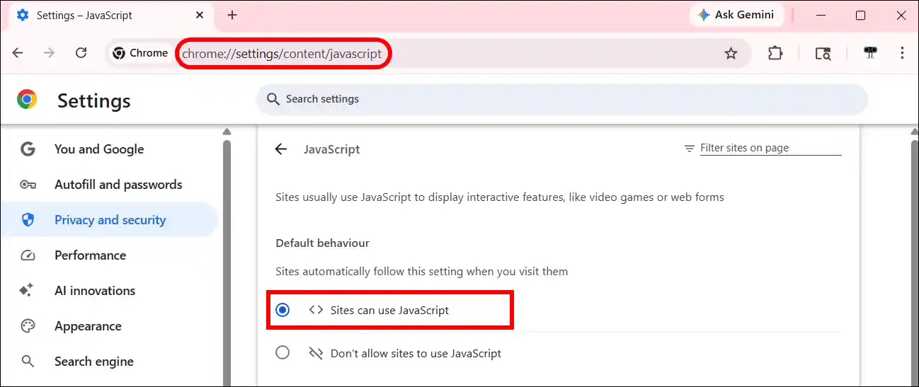 enable javascript in chrome