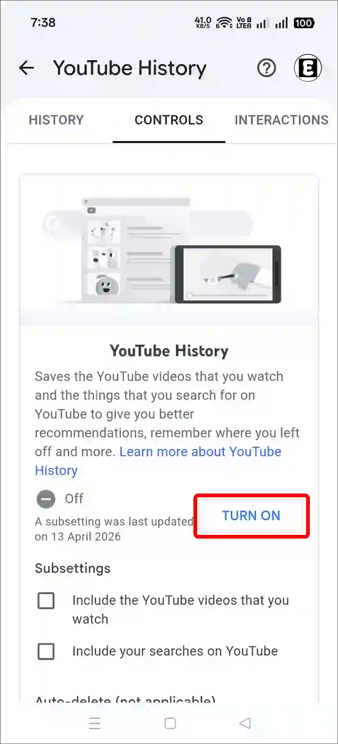 enable youtube history