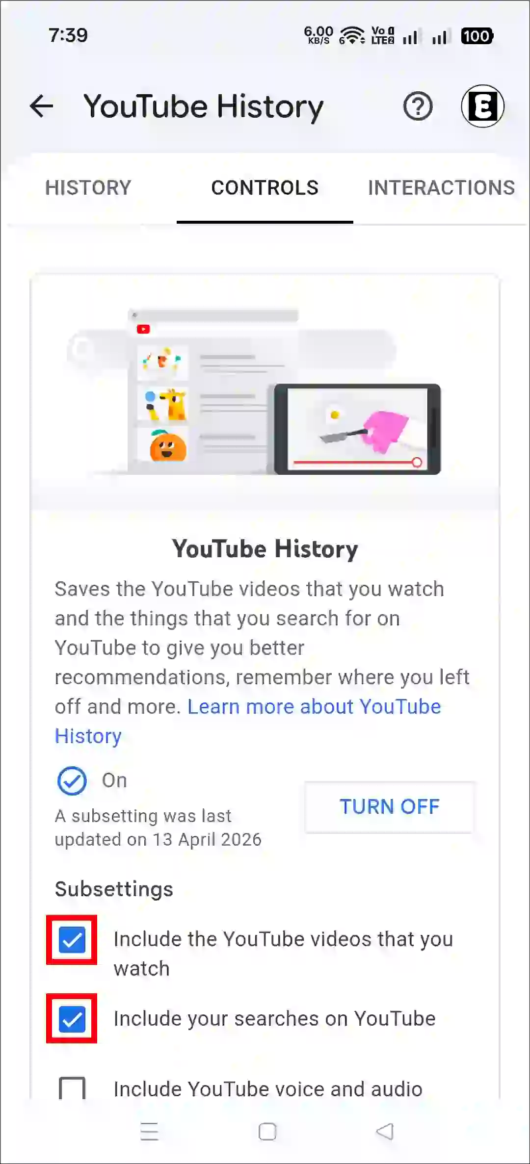 enable youtube history