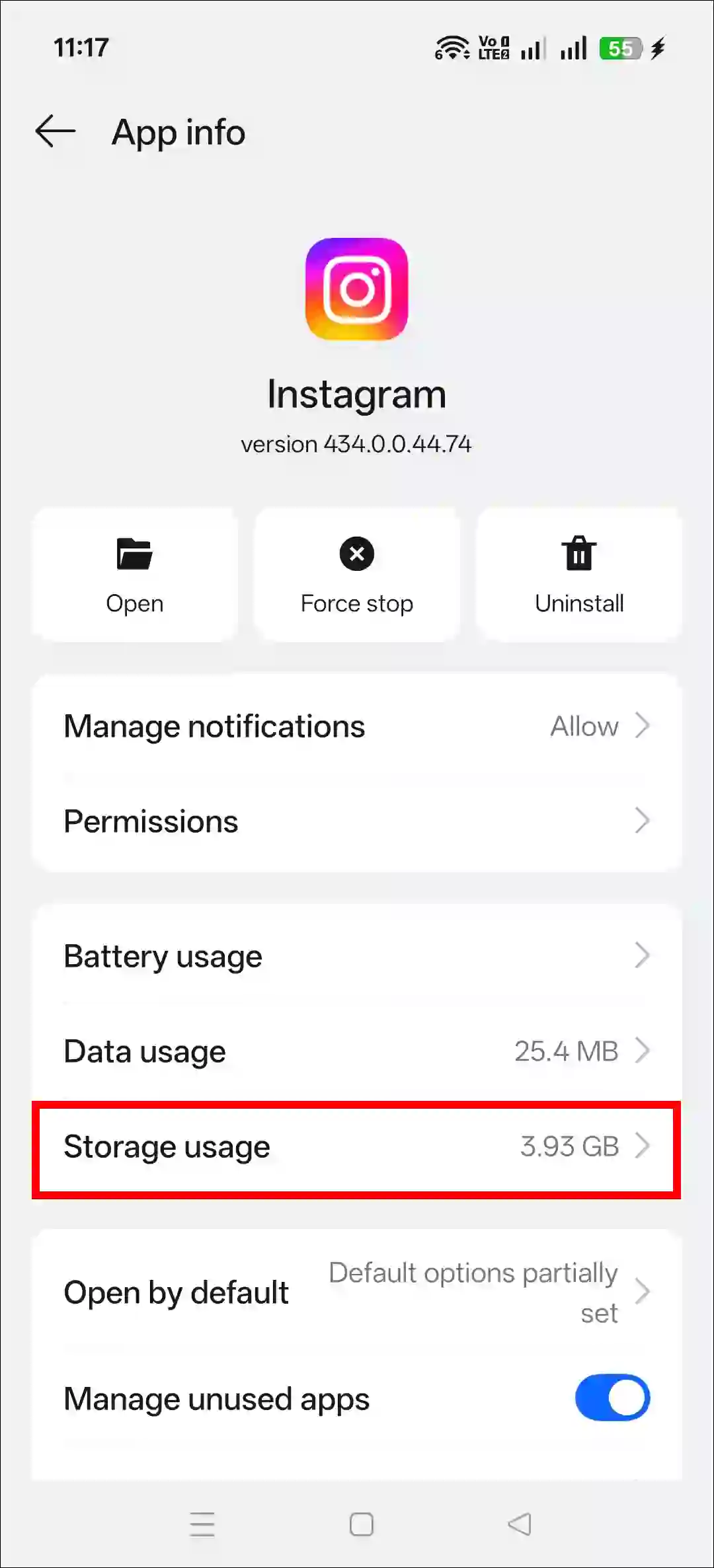 clear instagram cache android
