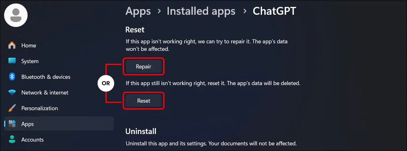 repair reset chatgpt app